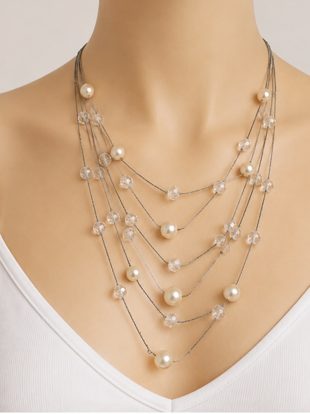 Y2K‎ Layered Pearl & Crystal Statement Necklace